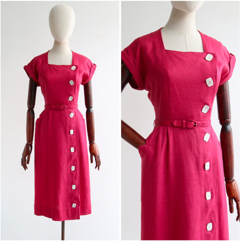 "Burgundy Linen" Vintage 1940's Burgundy Linen Dress UK 8 US 4