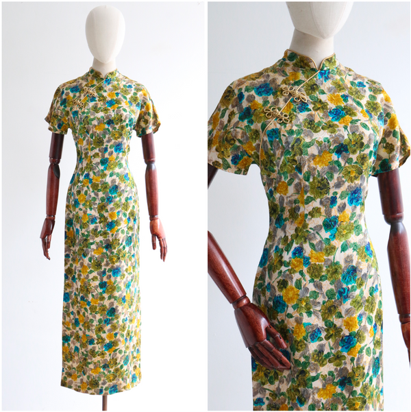 "Garden Braiding" Vintage 1960's Floral Brocade & Gold Lurex Dress UK 10 US 6