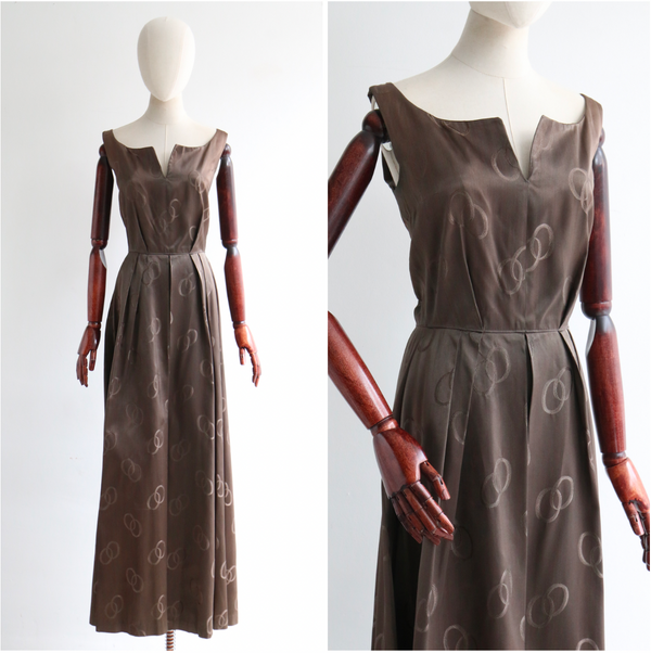 "Infinity Rings" Vintage 1950's Shadow Grey Satin Brocade Gown UK 8 US 4