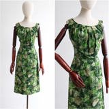 "Pleated Leaves" Vintage 1950's Green Pleated Leaf Print Dress UK 10 US 6