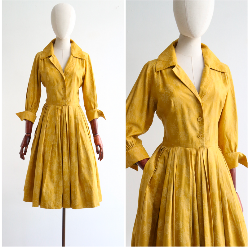 "Golden Chrysanthemums" Vintage 1950's Golden Floral Shirt-Waister Dress UK 10 US 6