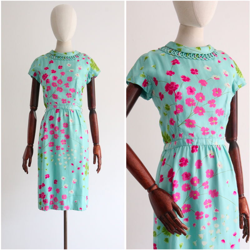 "Fuchsias In The Wind" Vintage 1950's Twill Silk Floral Dress UK 8 US 4