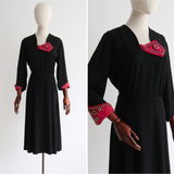 "Fuchsia & Pearls" Vintage 1940's Black & Fuchsia Rayon Embellished Dress UK 14 US 10