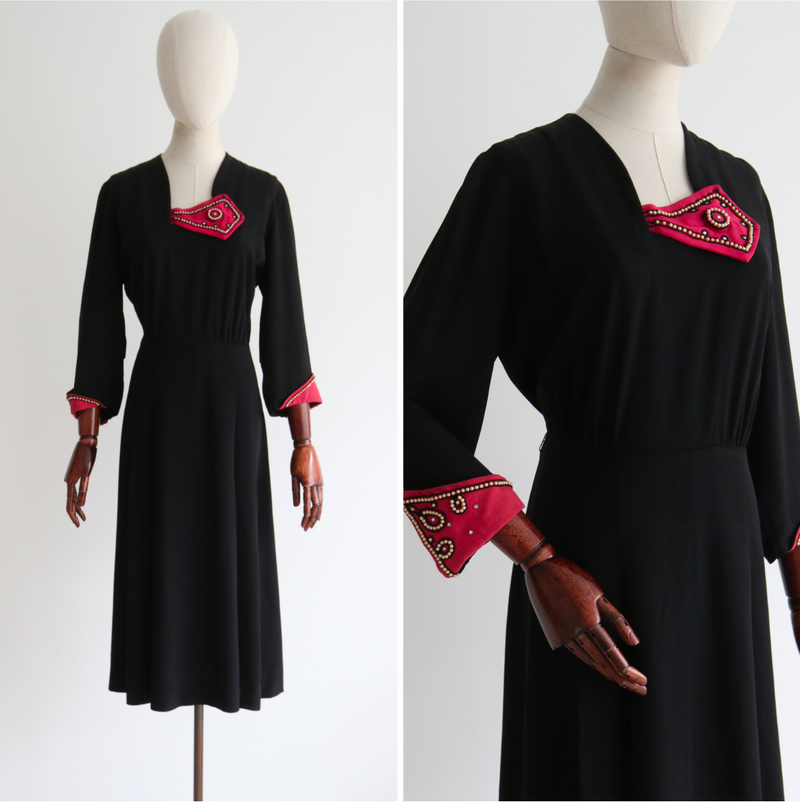 "Fuchsia & Pearls" Vintage 1940's Black & Fuchsia Rayon Embellished Dress UK 14 US 10