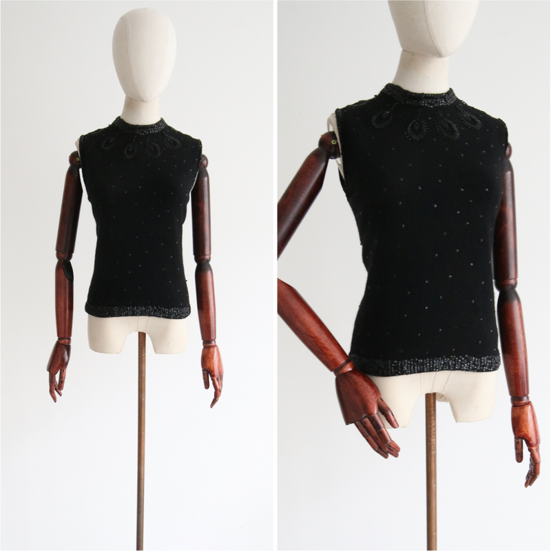 "Angora & Sequins" Vintage 1960's Black Angora Embellished Knitted Blouse UK 12-14 US 8-10