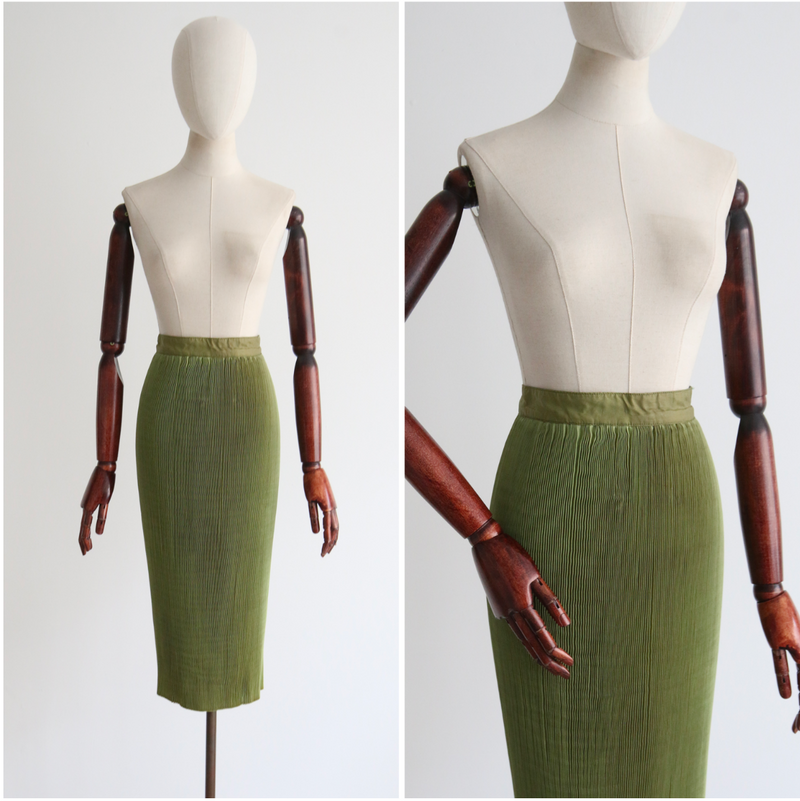 "Fortuny Pleats" Vintage 1930's Olive Green Accordion Pleated Skirt UK 10 US 6