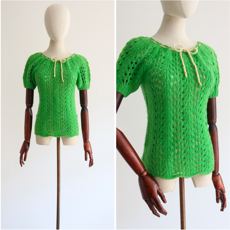 "Lawn Green Knit" Vintage 1940's Lawn Green Hand Knitted Blouse UK 10 US 6