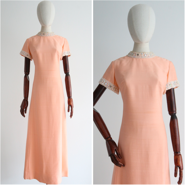 "Cream Peach" Vintage 1960's Cream Peach Rhinestone Embellished Dress UK 12 US 8