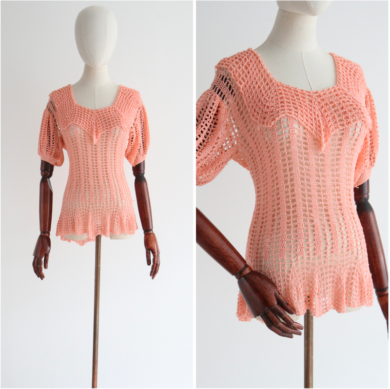 "Swirling Crochet" Vintage 1930's Pink Crochet Blouse UK 12 US 8