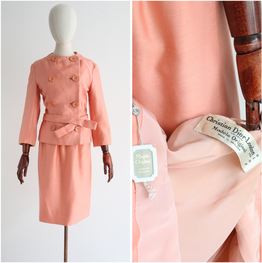 Blushing Peach Vintage 1960 s Christian Dior Silk Skirt Suit UK 6 US Willow Hilson Vintage