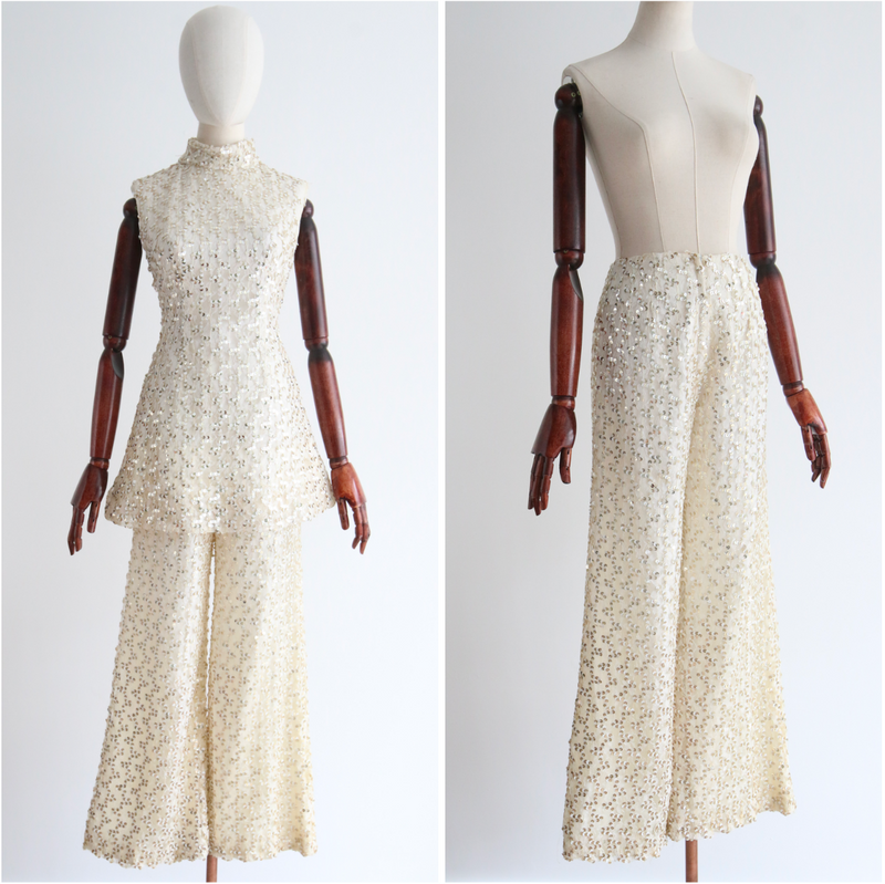 "Trailing Gold & White Sequins" Vintage 1960's Lace & Sequin Tunic & Trouser Set UK 8 US 4