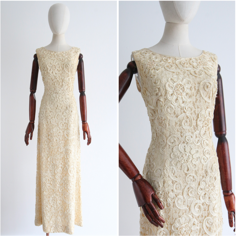 "Floral Lace & Pearls" Vintage 1960's Cream Lace Embroidered Dress UK 12 US 8