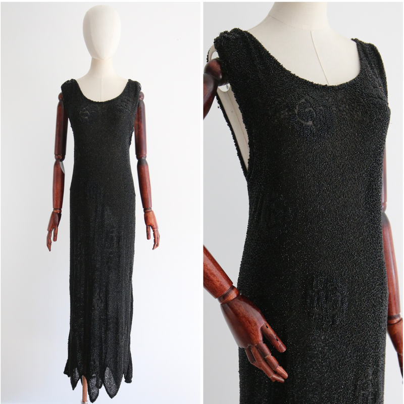"Art Deco Roses" Vintage 1920's Black Beaded Evening Dress UK 12-14 US 8-10