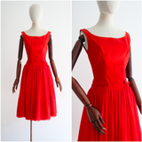 "Ruby Red Satin" Vintage 1950's Ruby Red Satin & Chiffon Emma Domb Dress UK 8-10 US 4-6