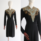 "Gold Lamé & Sequin Soutache" Vintage 1940's Black & Eau De Nil Embellished Dress UK 12-14 US 8-10