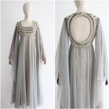 "Dove Rhinestones" Vintage 1970's Mike Benet Chiffon Beaded Gown UK 10 US 6
