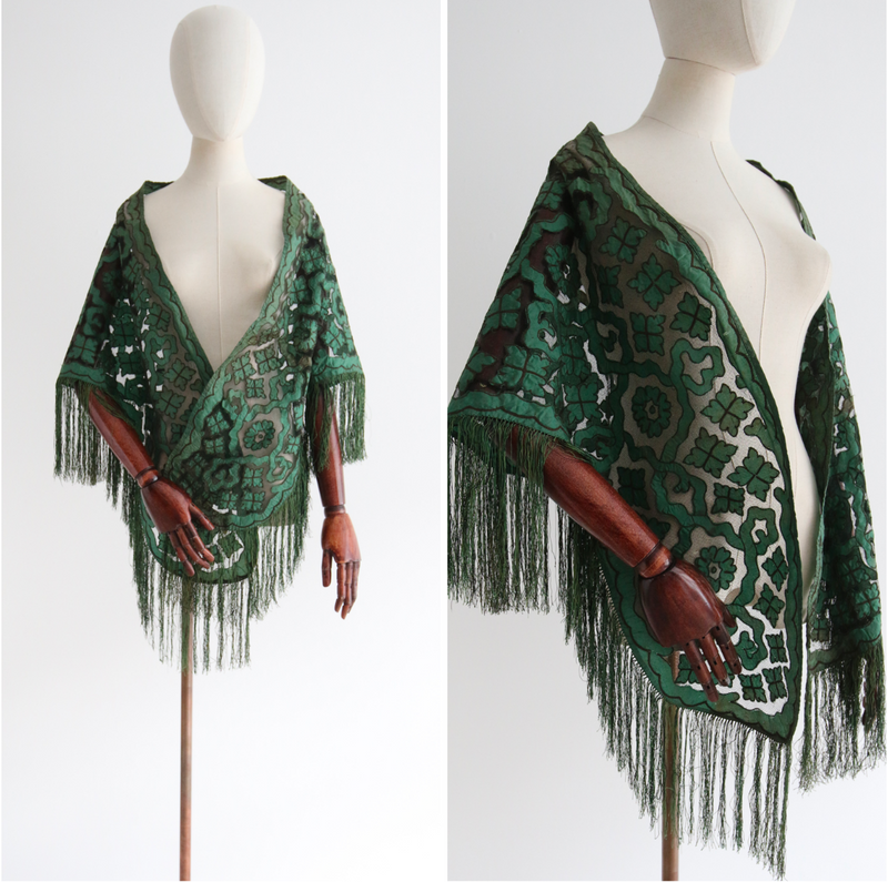 "Antique Florals" Antique Moss Green Floral Silk & Tulle Fringed Shawl