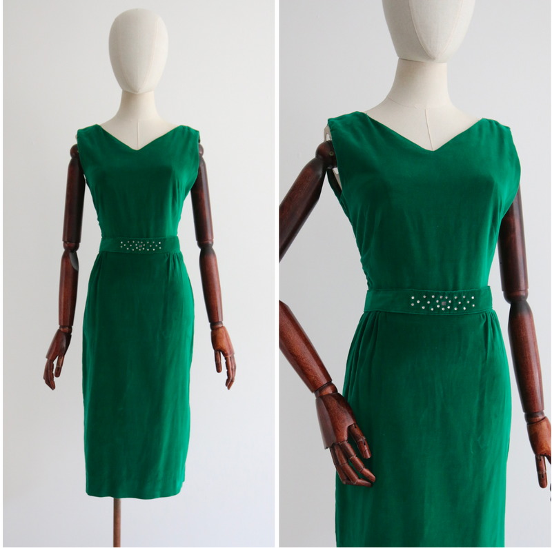 "Pine Green Velvet" Vintage 1950's Pine Green Velvet & Rhinestone Detail Dress UK 8 US 4