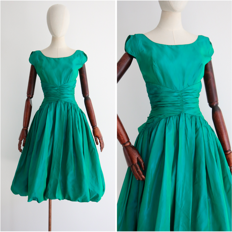 "Lagoon Green" Vintage 1950's Lagoon Green Silk Taffeta Bubble Dress UK 8 US 4