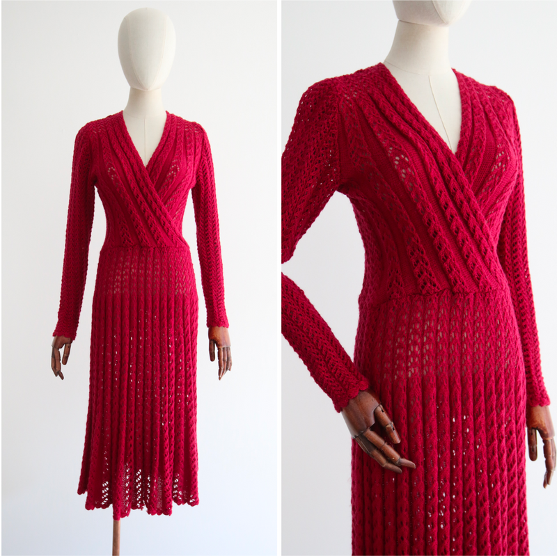 "Magenta Knit" Vintage 1940's Magenta Knitted Dress UK 10-12 US 6-8
