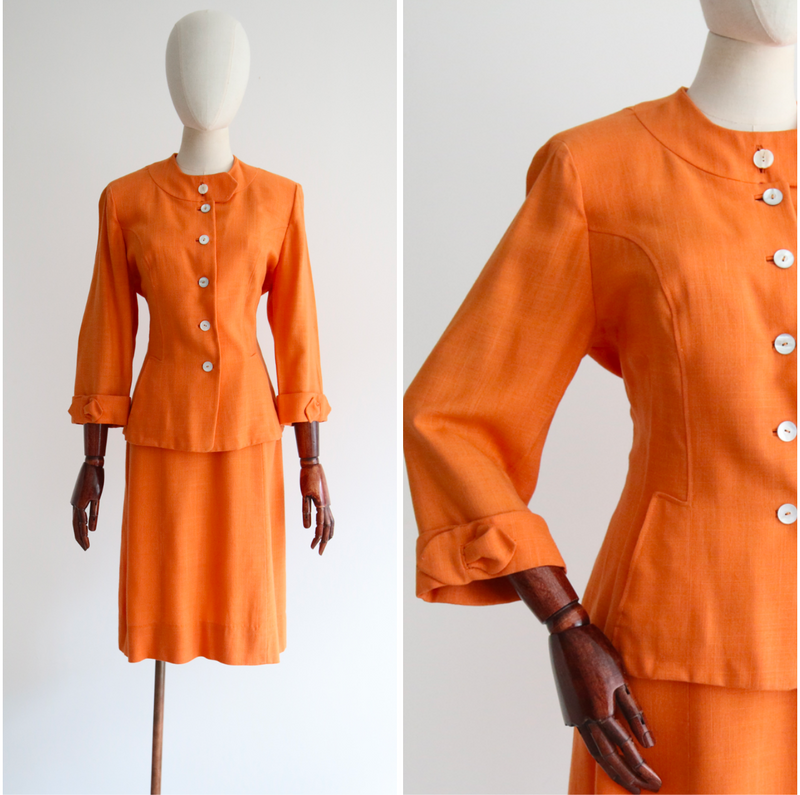 "Apricot Linen" Vintage 1940's Orange Skirt Suit UK 10-12 US 6-8