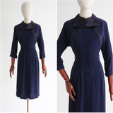 "Navy Ribbon & Tailoring" Vintage 1940's Navy Blue Fitted Dress UK 10 US 6
