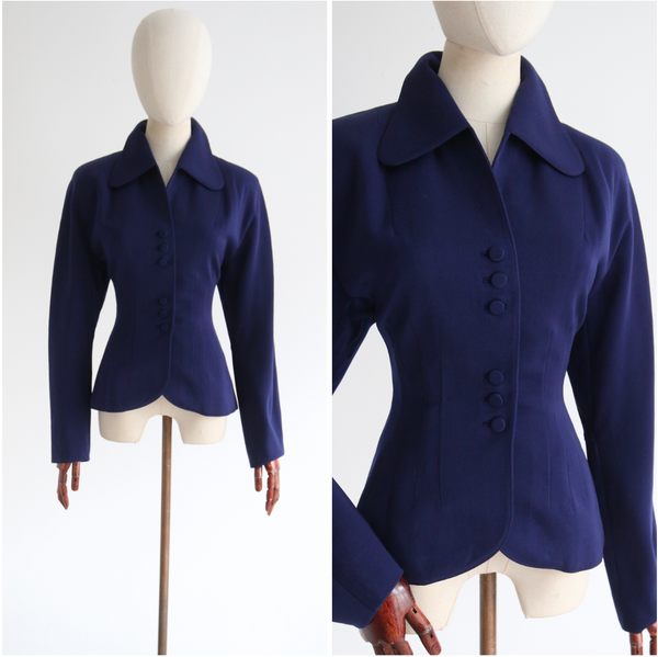 "Triple Buttons" Vintage 1940's Navy Blue Wool Jacket UK 10 US 6