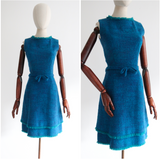 "Teal & Sea Green" Vintage 1960's Teal Wool & Sea Green Fringing Dress UK 6 US 2