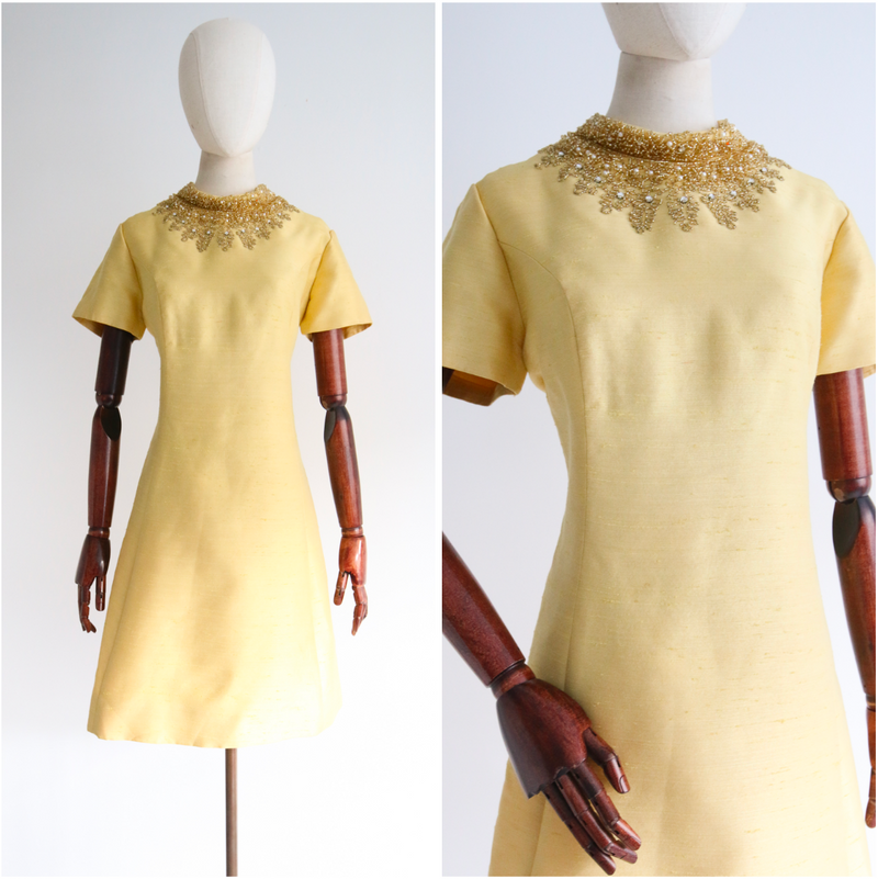 "Gold Beads & Rhinestones" Vintage 1960's Yellow Silk Beaded Dress UK 12-14 US 8-10
