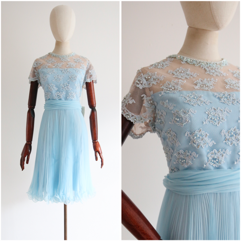 "Pearls, Lace & Pleats" Vintage 1960's Chiffon and Lace Pleated Dress UK 12 US 8