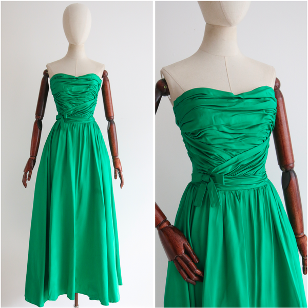 "Emerald Satin Pleats" Vintage 1950's Emerald Green Satin Strapless Dress UK 6 US 2