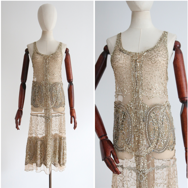 "Gold Sequins & Tulle" Vintage 1920's Gold Sequin & Bead Tulle Dress UK 6-8 US 2-4