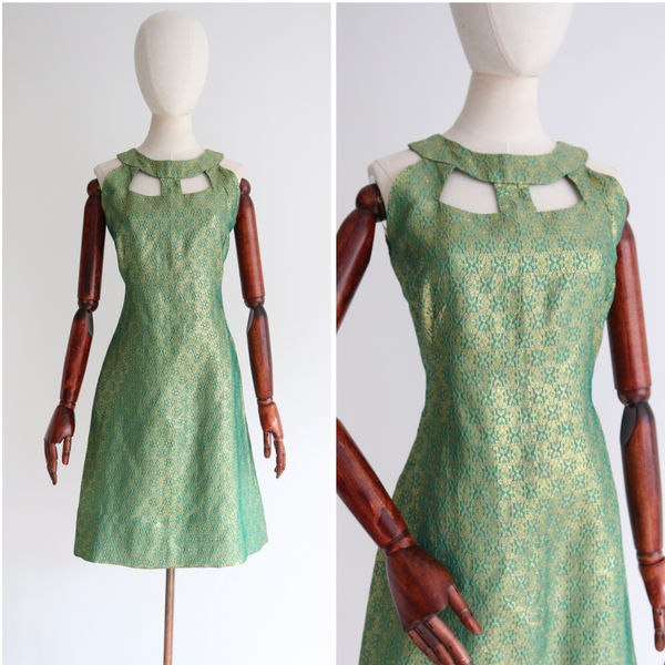 "Lurex Keyhole" Vintage 1960's Green & Gold Lurex Brocade Keyhole Feature Dress UK 8 US 4