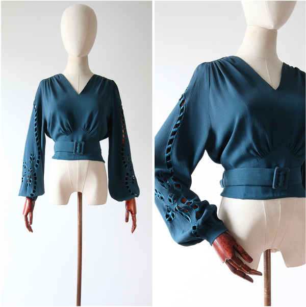 "Peacock Blue" Vintage 1930's Peacock Blue Silk Embroidered Sleeve Blouse UK 14 US 10
