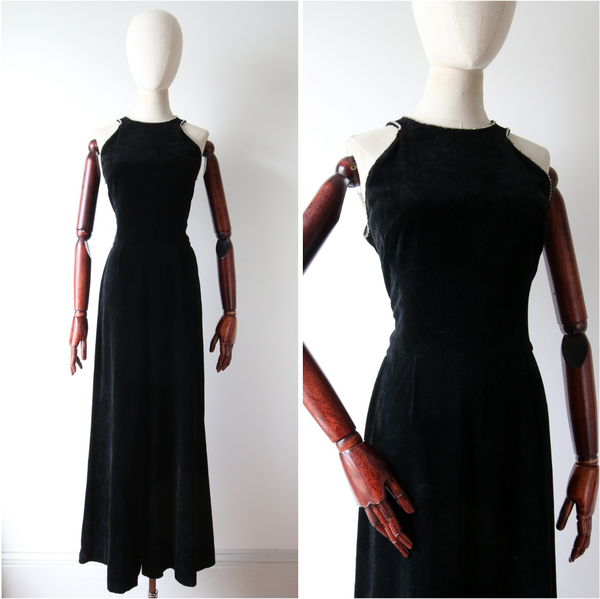"Velvet Rhinestones" Vintage 1960's Black Velvet & Rhinestone Embellished Jumpsuit UK 8-10 US 4-6