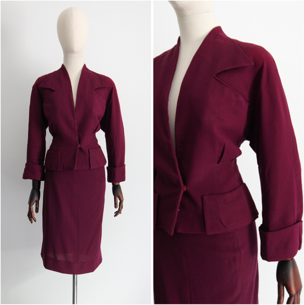 "Deepest Plum" Vintage 1940's Deep Plum Crepe Wool Skirt Suit UK 8-10 US 4-6