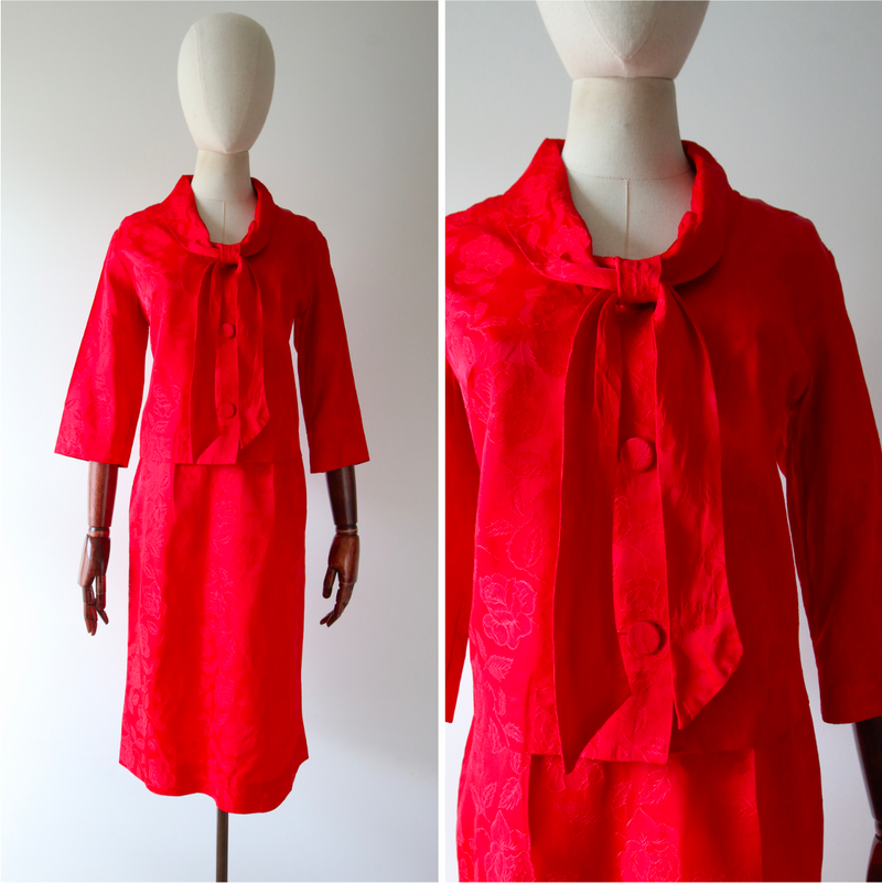 "Red Rose Brocade" Vintage 1960's Red Rose Brocade Skirt Suit UK 8-10 US 4-6