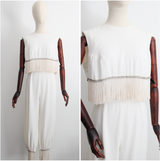 "Fringing & Rhinestones" Vintage 1960's Ivory Rhinestone & Fringed Blouse & Trouser Set UK 12 US 8