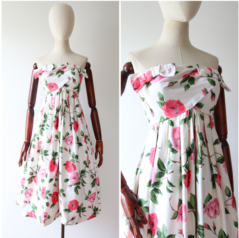 "Roses & Bows" Vintage 1950's Rose Print & Bow Detail Strapless Dress UK 8 US 4