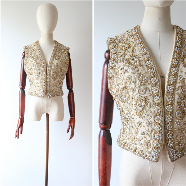 "Larry Aldrich" Vintage 1960's Marie McCarthy For Larry Aldrich Beaded & Embroidered Waistcoat UK 10-12 US 6-8