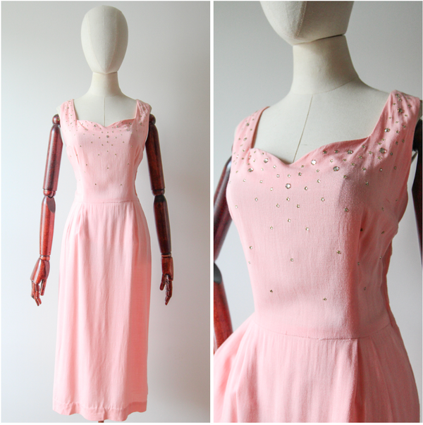 "Scattered Rhinestones" Vintage 1950's Pink Cotton Rhinestone Embellished Dress UK 12 US 8