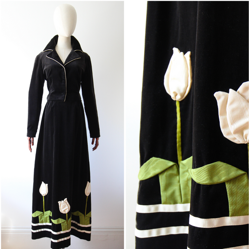 "Pleated Tulips" Vintage 1970's Black Velvet Tulip Detail Skirt & Jacket Set UK 8 US 4