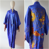 "Gold Dragon" Vintage 1940's Royal Blue Silk Gold Dragon Embroidered Kimono  UK 10-14 US 6-10