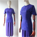 "Violet Blue Trailing Beadwork" Vintage 1940's Violet Blue Crepe Silk Beaded Dress UK 8 US 4