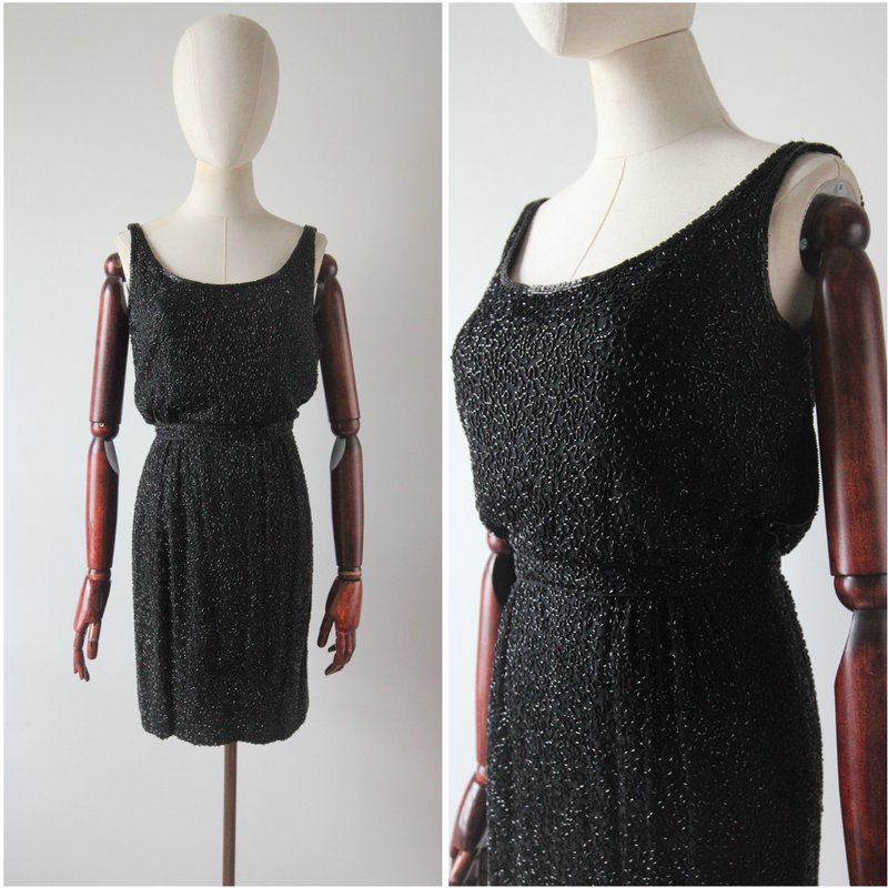 "Trailing Beadwork on Silk" Vintage 1950's Black Silk Beaded Cocktail Dress UK 4 US 0