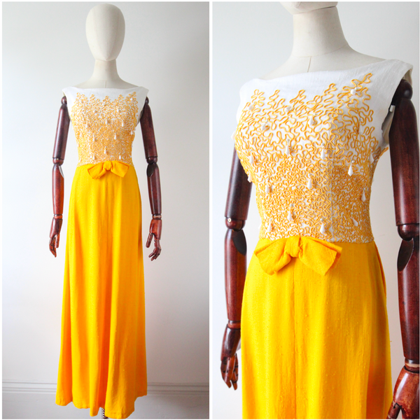 "Amber Yellow Soutache" Vintage 1960's Amber Yellow Soutache & Bead Embellished Dress UK 8-10 US 4-6