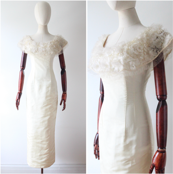 "Scalloped Ivory Organza" Vintage 1960's Ivory Organza & Cream Rayon Evening Dress UK 8 US 4