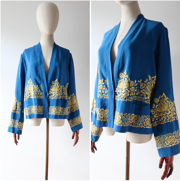 "Ombré Silk Embroidery" Vintage 1920's Blue Silk Floral Embroidered Jacket UK 10-14 US 6-10