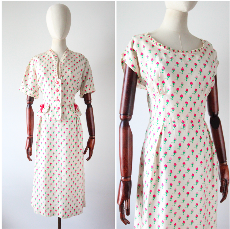 "Raw Silk Rose Buds" Vintage 1950's Raw Silk Rose Print Dress and Jacket UK 8-10 US 4-6