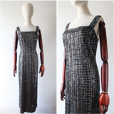 "Silver Checkers" Vintage 1960's Silver Sequin & Beaded Evening Dress UK 14-16 US 10-12